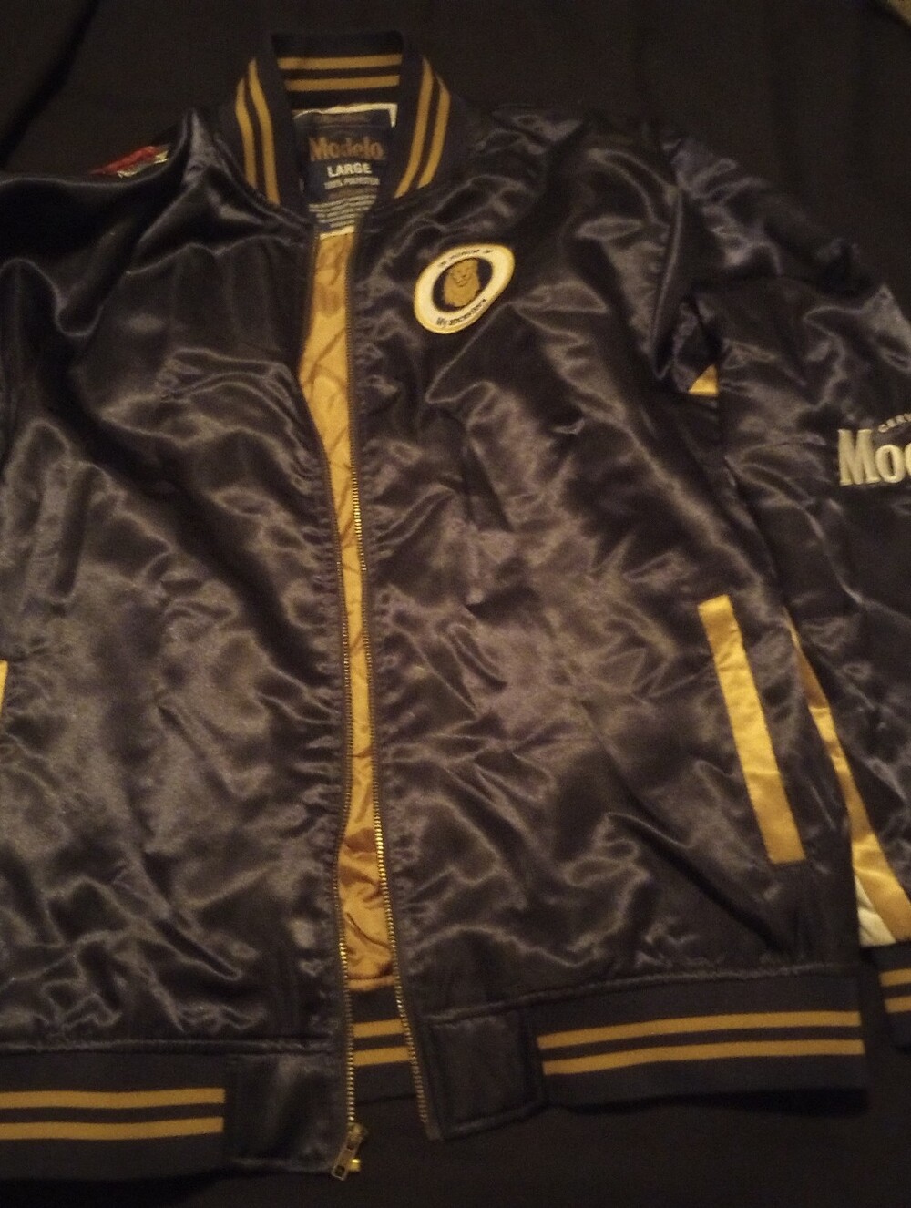 ModelCo Navy Satin Bomber Jacket with Gold Trim